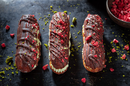 Tasty eclairs with whipped cream and chocolate on baking tray