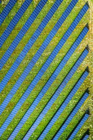 Top down view of solar panels on field in Poland, Europeの写真素材