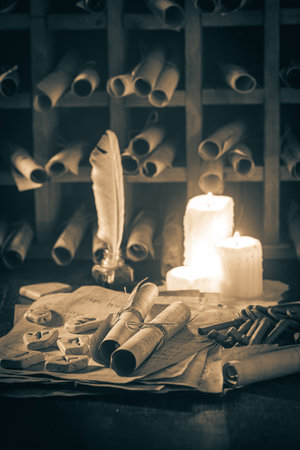 Magic and ancient library full of medieval and old scrolls