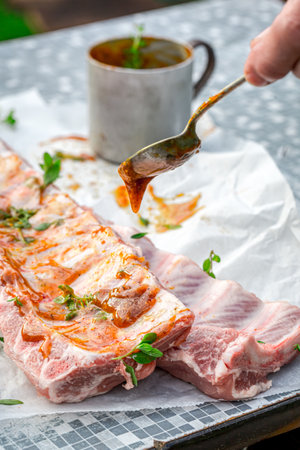 Preparing ribs with marinade and spices for summer grilling in gardenの写真素材