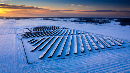 Frozen photovoltaic farm in winter, aerial view, Poland