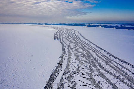 Icebreakers crushing ice on the Vistula River near Plock, 2020-02-18, aerial view