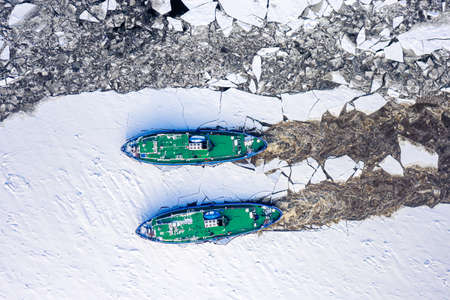 Icebreakers near Wloclawek on Vistula river, 2020-02-18, Poland, aerial viewの写真素材