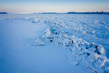 Blockage on Vistula river near Wloclawek city, Poland, 2020-02-18, aerial view