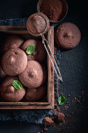 Homemade dark chocolate cookies made of cocoa, butter and sugar on dark table