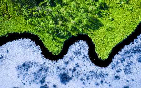 Green and snowy forest. Spring and winter in one place. Spring is coming. Aerial view of nature in...