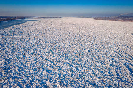 Big ice jam on Vistula river near Plock, Poland, aerial view of nature
