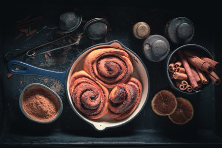 Hot cinnamon rolls made of butter. Scandinavian dessert. Swedish cuisine.の写真素材