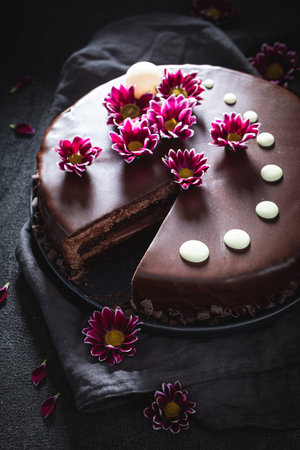 Dark chocolate cake made of cocoa. Tasty chocolate cake. Vegan chocolate cake.の写真素材