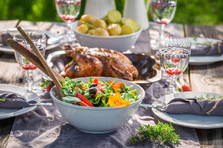 Tasty dinner with chicken served in countryside. Dinner in garden. Homemade dinner in countryside.