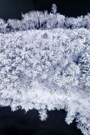 Aerial view of wildlife in Poland, Europe. Snowy forest and winter river.の写真素材