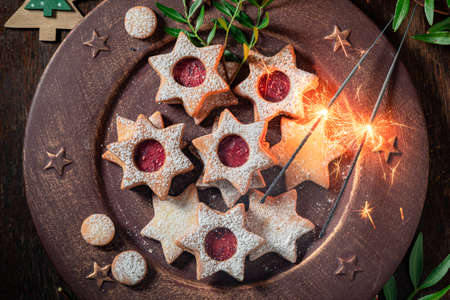 Homemade and hot chocolate with cocoa and marshmallows on wooden table
