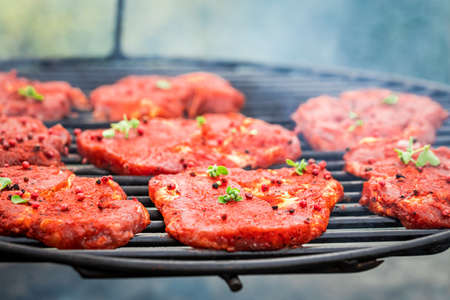 Spicy grilled pork neck with herbs. Grilled steak in summer. Countryside grill in summer.の写真素材