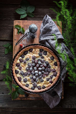 Sweet and tasty tart with blackberries with caster cugar Homemade sweet tart in summer.の写真素材