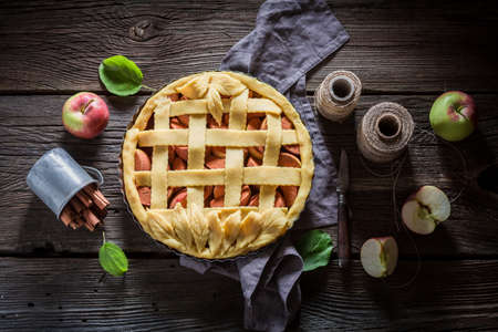 Tasty apple pie as sweet dessert. Tart with apples. Homemade hot tart in summer.の写真素材