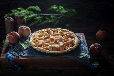 Sweet plum pie as summer dessert. Tart with plums. Homemade hot tart in summer.の写真素材
