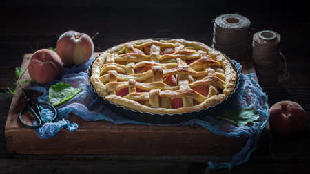 Tasty plum pie made of fruits. Tart with plums. Homemade hot tart in summer.の写真素材