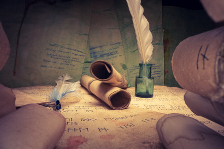 Ancient scribe library. Futhpak scrolls stacked on a pile. View from inside.の写真素材