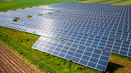 Big and blue photovoltaic farm as zero emission energy. Pure energy in the countryside.