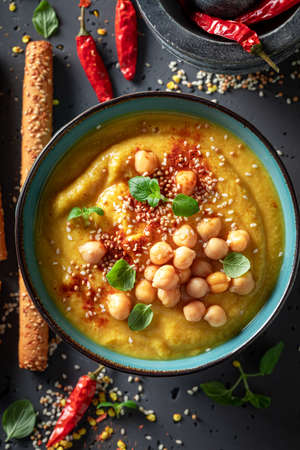 Creamy chickpea soup with sesame seeds and hot chilli pepper. Chickpea soup made of vegetables and spicy spices.の写真素材
