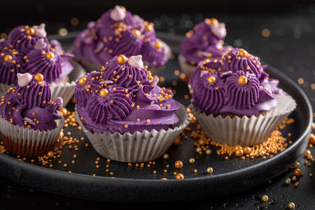 Unique cupcakes made of purple cream for fat thursday. Magnificent purple dessert with golden sprinkles.の写真素材
