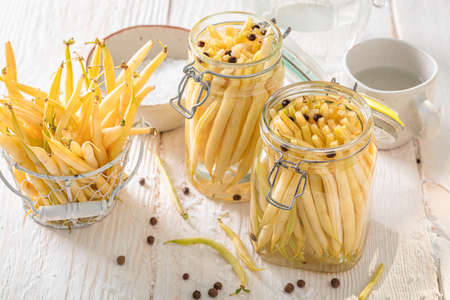 Preparation for pickled green bean made of organic vegetables. Pickling green bean at home.