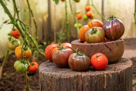 Ecological tomatoes growing in a sunny garden. Tomatoes in greenhouse from bio farming.の写真素材