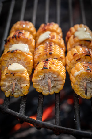 Sweet corncob on grill on bonfire with flames. Corn stuffed on a stick on the grill.の写真素材