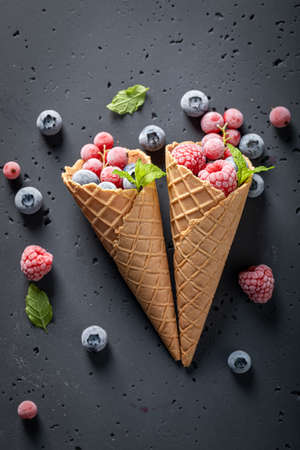 Tasty sorbet with frozen berries in cone. Frozen fruit in a cone as a sorbet.