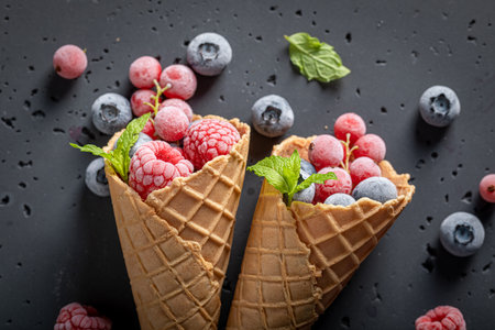Cold ice cream with frozen berries in cone. Frozen fruit in a cone as a sorbet.