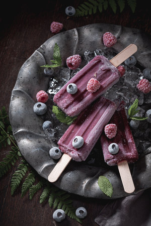 Sweet ice cream sorbet made of blueberries and raspberries. Raspberries and blueberries sorbet ice cream.の写真素材