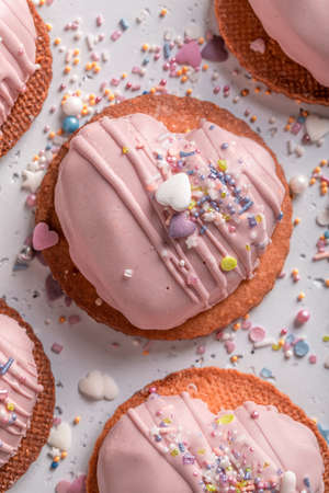 Sweet and red valentine dessert as special snack. Pink mono portion in the shape of a heart with...