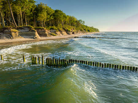 Waves and beach on Baltic Sea. in summer. Tourism at Baltic sea. Aerial view of nature in Poland.の写真素材