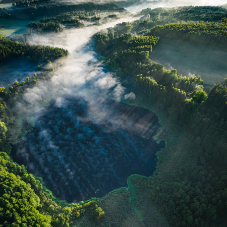 Mist over river in autumn at sunrise. Wildlife in Poland.の写真素材