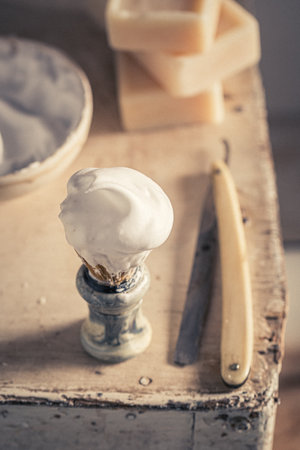 Unique and classic shaving tools with razor and soap. Classic shaving accessories.の写真素材
