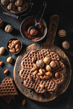 Delicious and sweet waffles with nuts and chocolate. Ingredients for good dark waffles.の写真素材