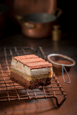 Yummy tiramisu cake made of mascarpone, biscuits and cocoa. Classic cake from Italian cuisine.の写真素材