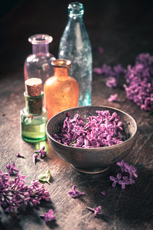 Unique and aromatic flower lilac oil. Lilac aromatic oils. Homemade Products of flowers.の写真素材