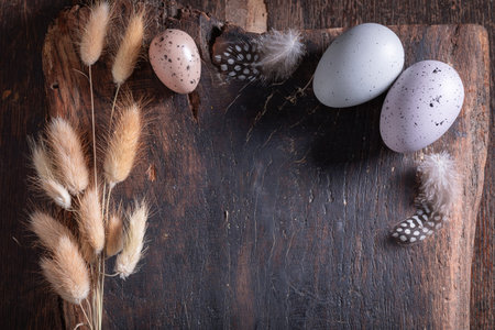 Rustic Easter frame for a holiday card. Easter background made of Easter eggs and nest.の写真素材