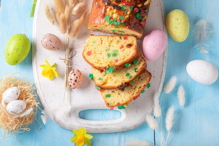 Delicious Fruitcake for Easter as classic Easter dessert. Easter cake with fruits.