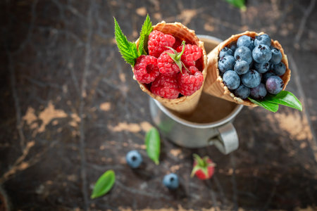 Juicy and tasty berries in waffles as ice cream concept Ice cream concept with ingredients.の写真素材