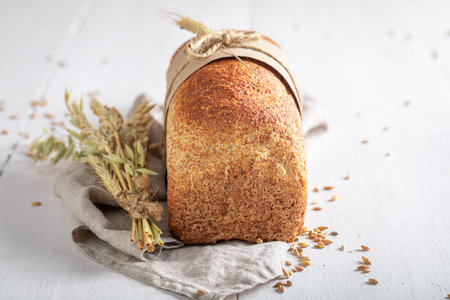 Homemade loaf of breads made of sourdough and flour. Multigrain homemade bread.の写真素材