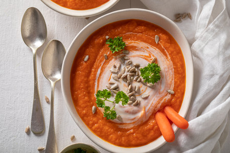Creamy carrot soup made of cream and fresh vegetables. Carrot soup with herbs and seeds in white bowl.の写真素材
