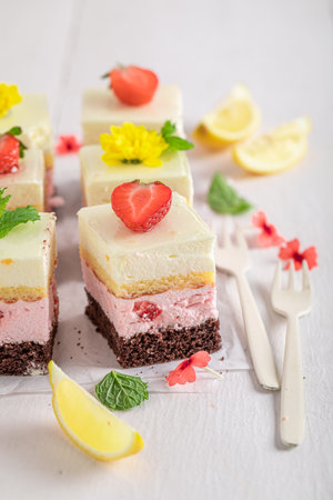 Tasty strawberry sponge cake with berries and lemon. Vegan fruitcake.