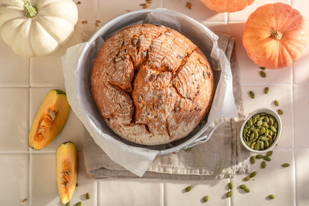 Fresh pumpkin bread for fit and healthy breakfast. Bread made in the bakery.