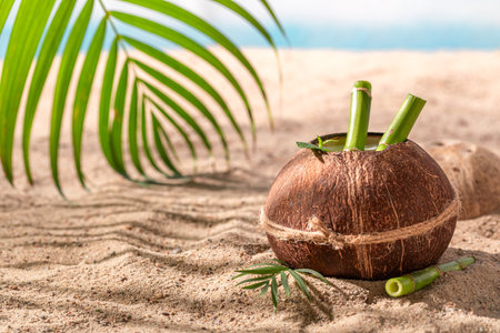 Fresh pinacolada in coconut served on a sandy island. Holidays on a paradise beach.の写真素材