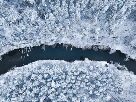 Top down view of Brda river and snowy forest. Trees are covered with snow.の写真素材