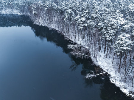 Snowy forest and cold river in winter,  Poland. Aerial view of wildlife in Poland, Europe.の写真素材