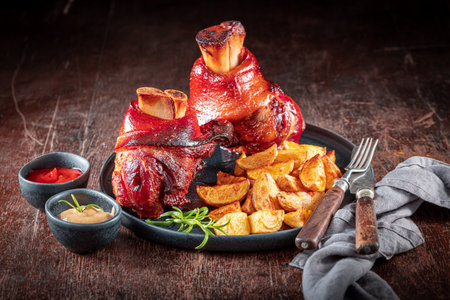 Fresh and cripsy roasted ham hock served with potatoes and pickled cabbage. Roasted pork knuckle with potatoes.の写真素材