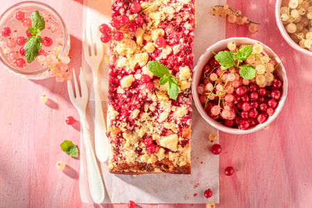 Sweet red currant yeast cake made of fresh fruits. Yeast cake served with lemonade.の写真素材